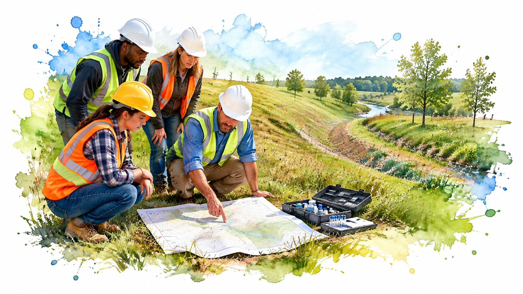 A team of environmental engineers in hard hats reviewing a survey map outdoors in a field.