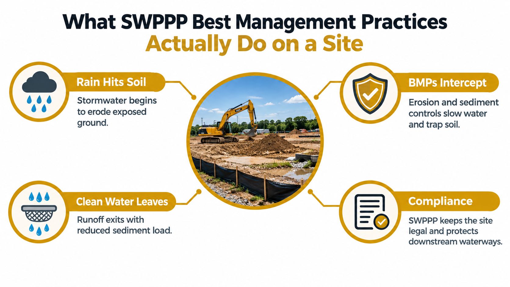A diagram illustrating how SWPPP best management practices prevent soil erosion and ensure water quality on construction sites.