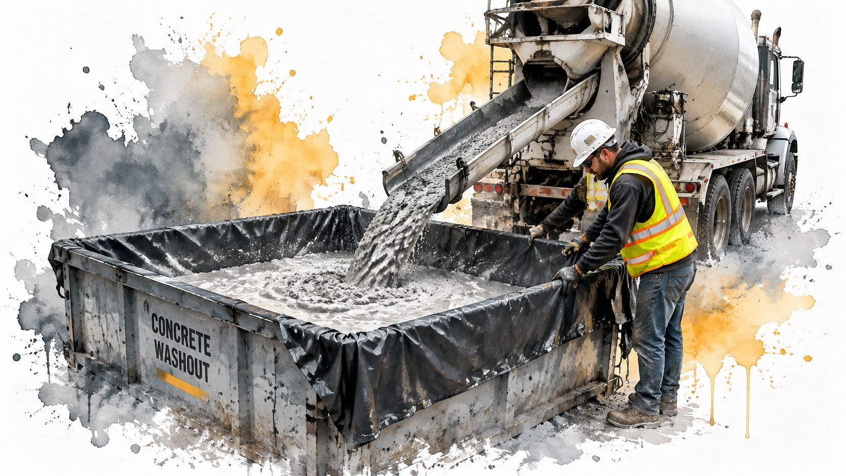 A construction worker empties concrete from a mixing truck into a lined concrete washout containment tank.