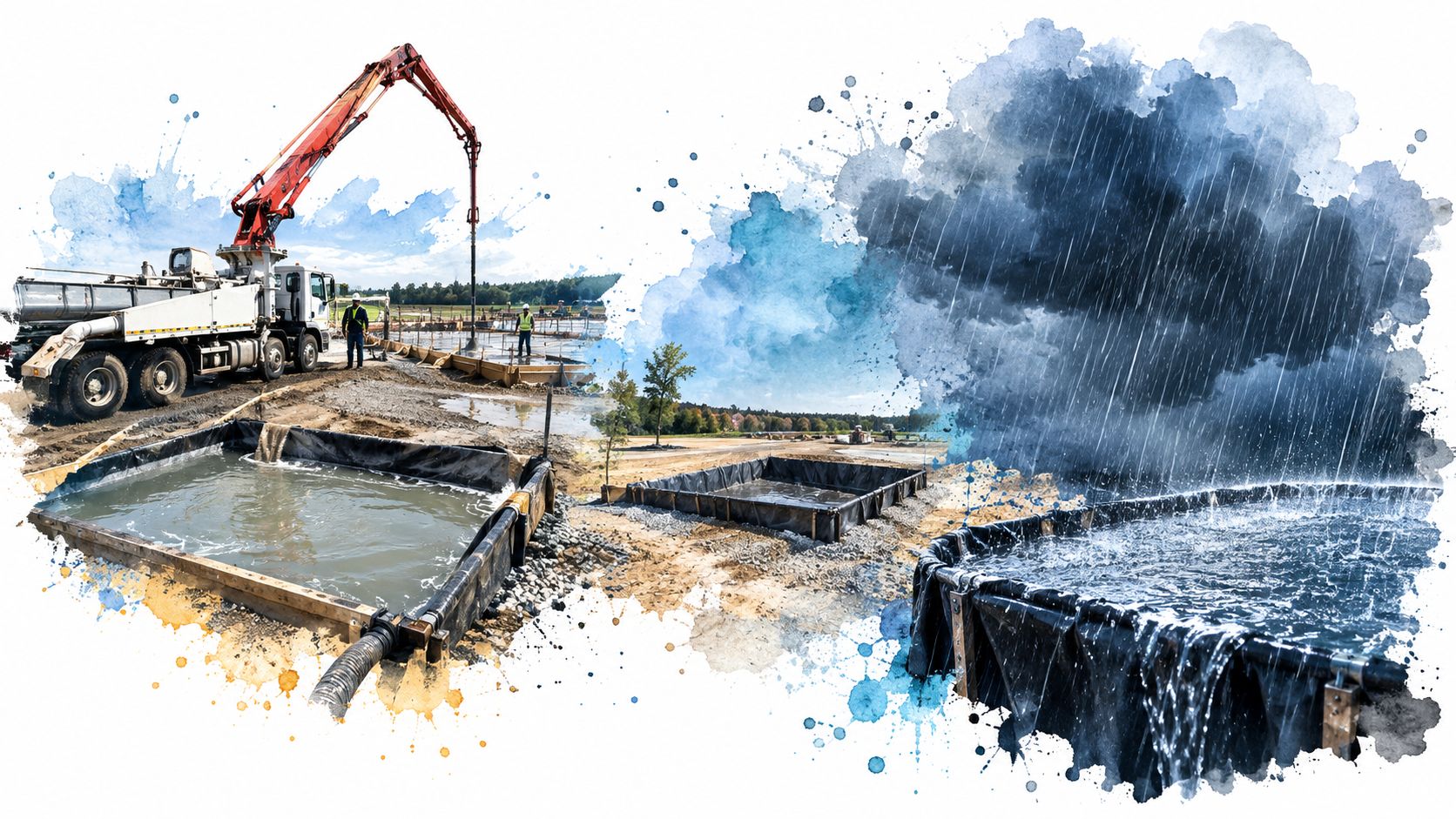 A construction site featuring concrete pouring equipment and modular liquid containment tanks under various weather conditions.