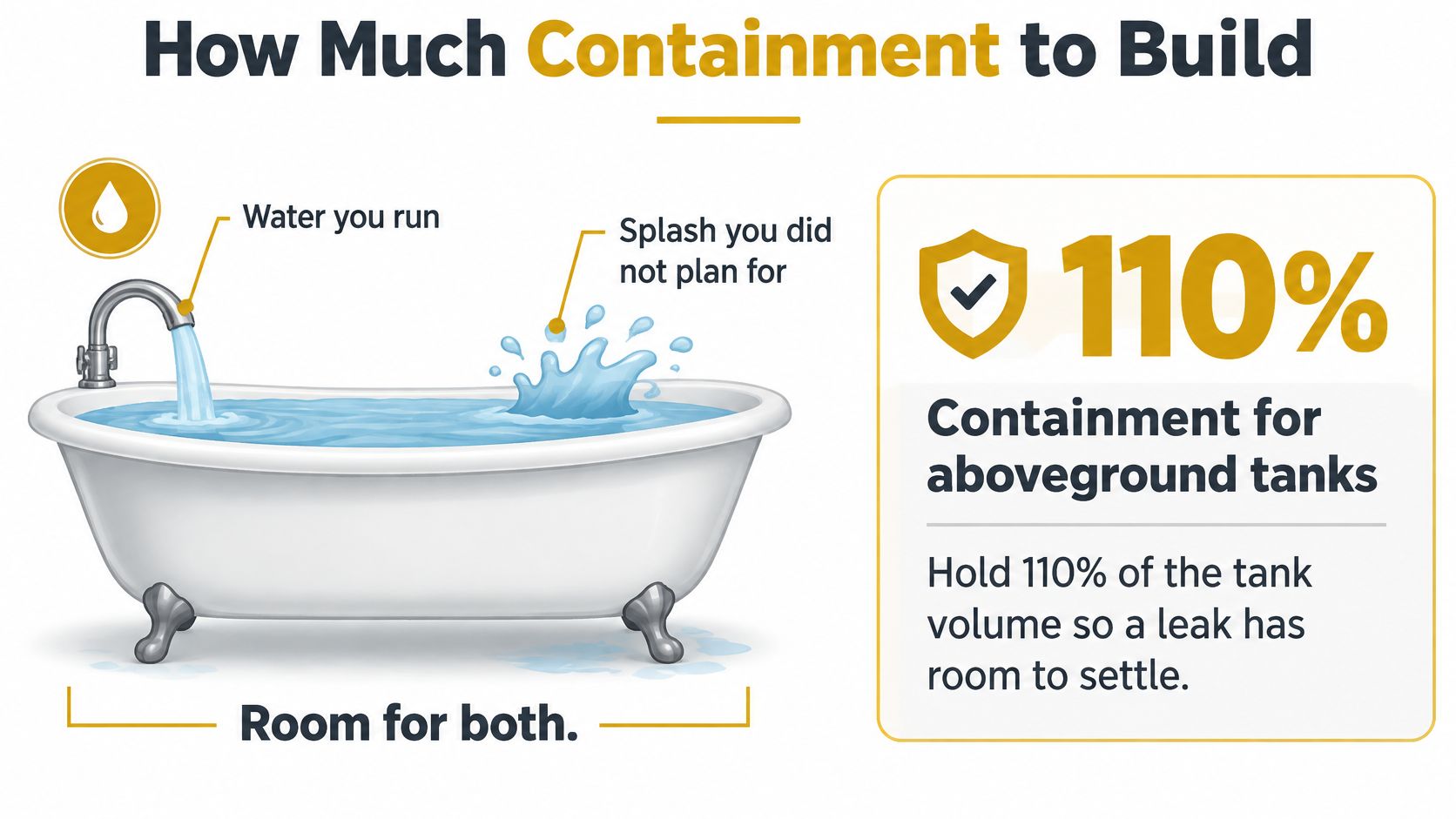 An illustration showing a bathtub overflowing with water to explain 110% containment requirements for aboveground storage tanks.