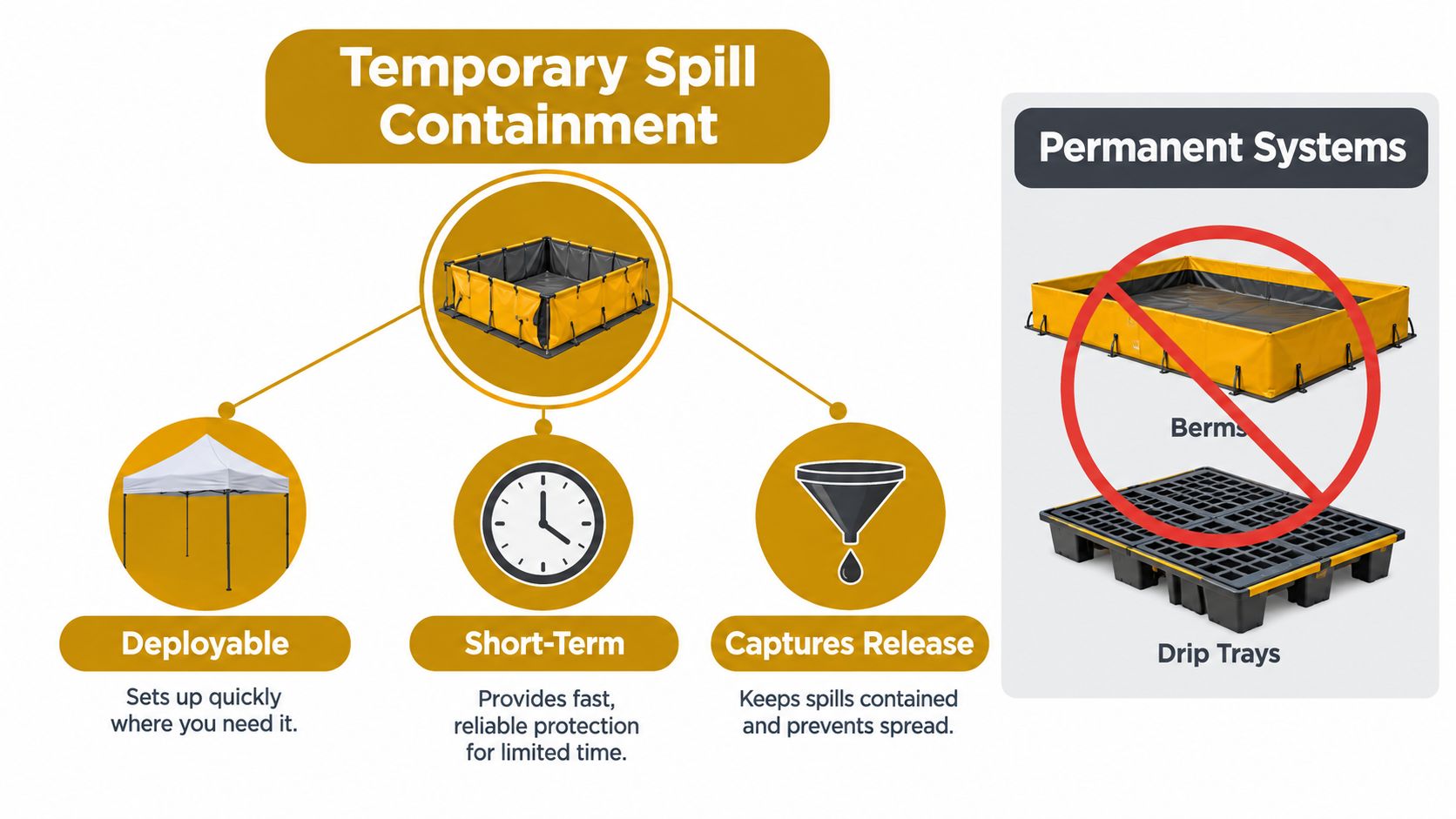An infographic comparing temporary spill containment solutions with permanent systems like berms and drip trays.