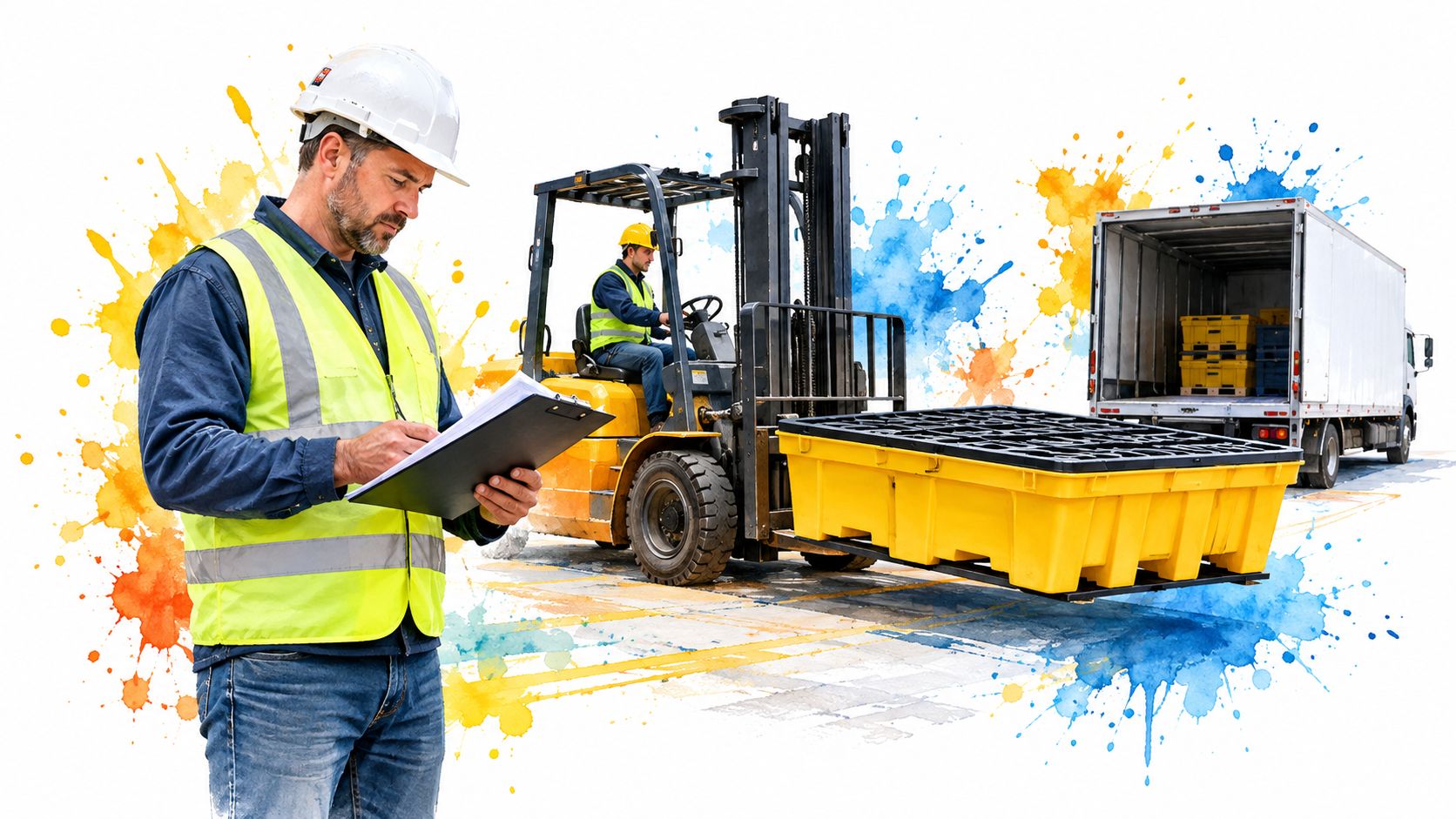 A worker in a hard hat and safety vest inspecting temporary spill containment trays at a warehouse.