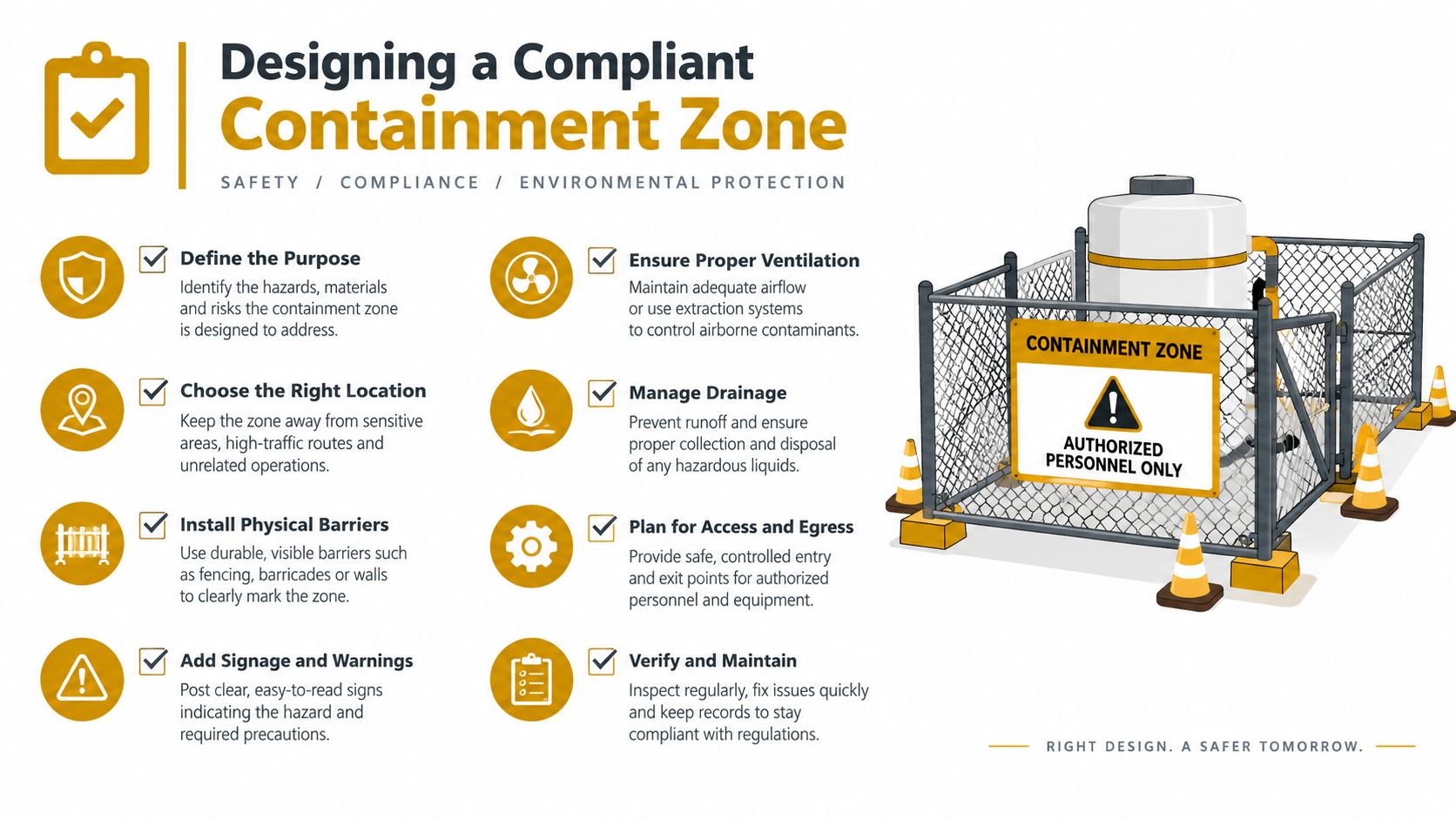 An infographic detailing essential safety and compliance steps for designing a secure hazardous material containment zone.