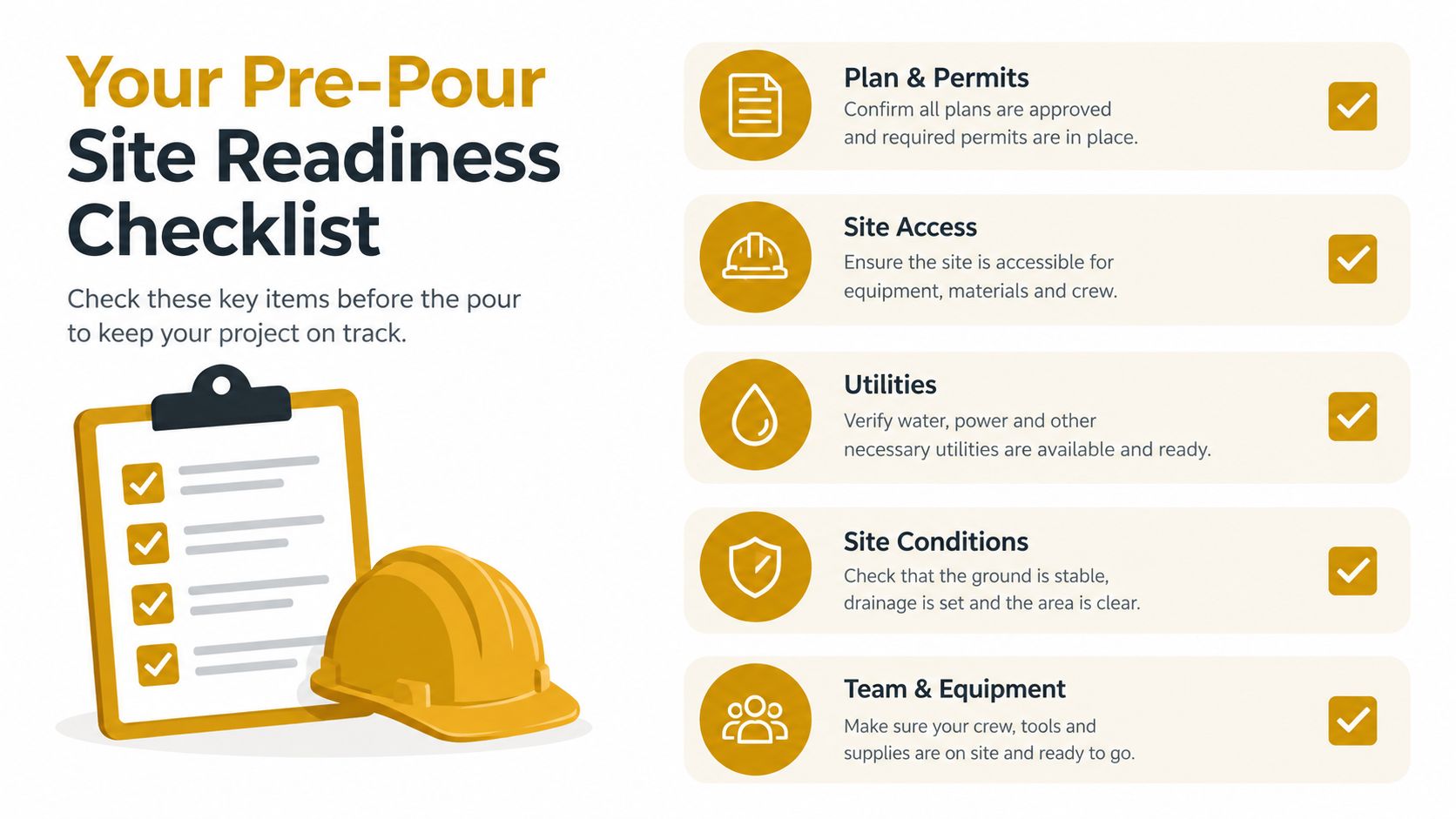 A pre-pour site readiness checklist infographic for construction projects showing essential tasks to complete before concrete pouring.
