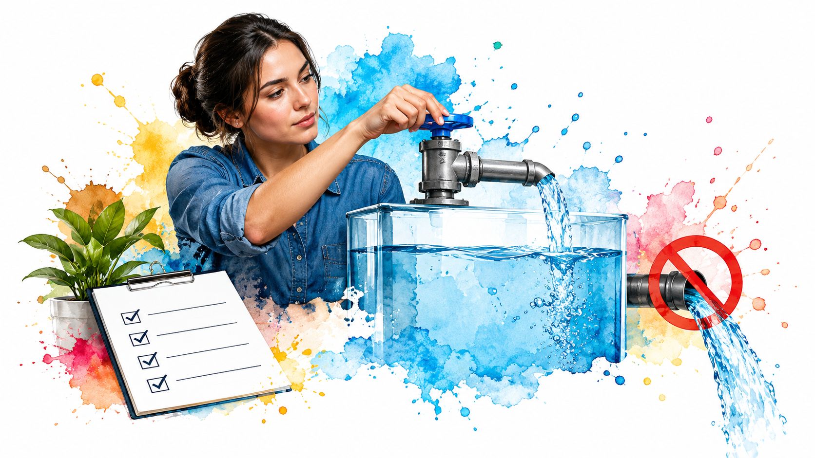 A professional woman checking a list while managing water levels in a tank with a drain pipe.